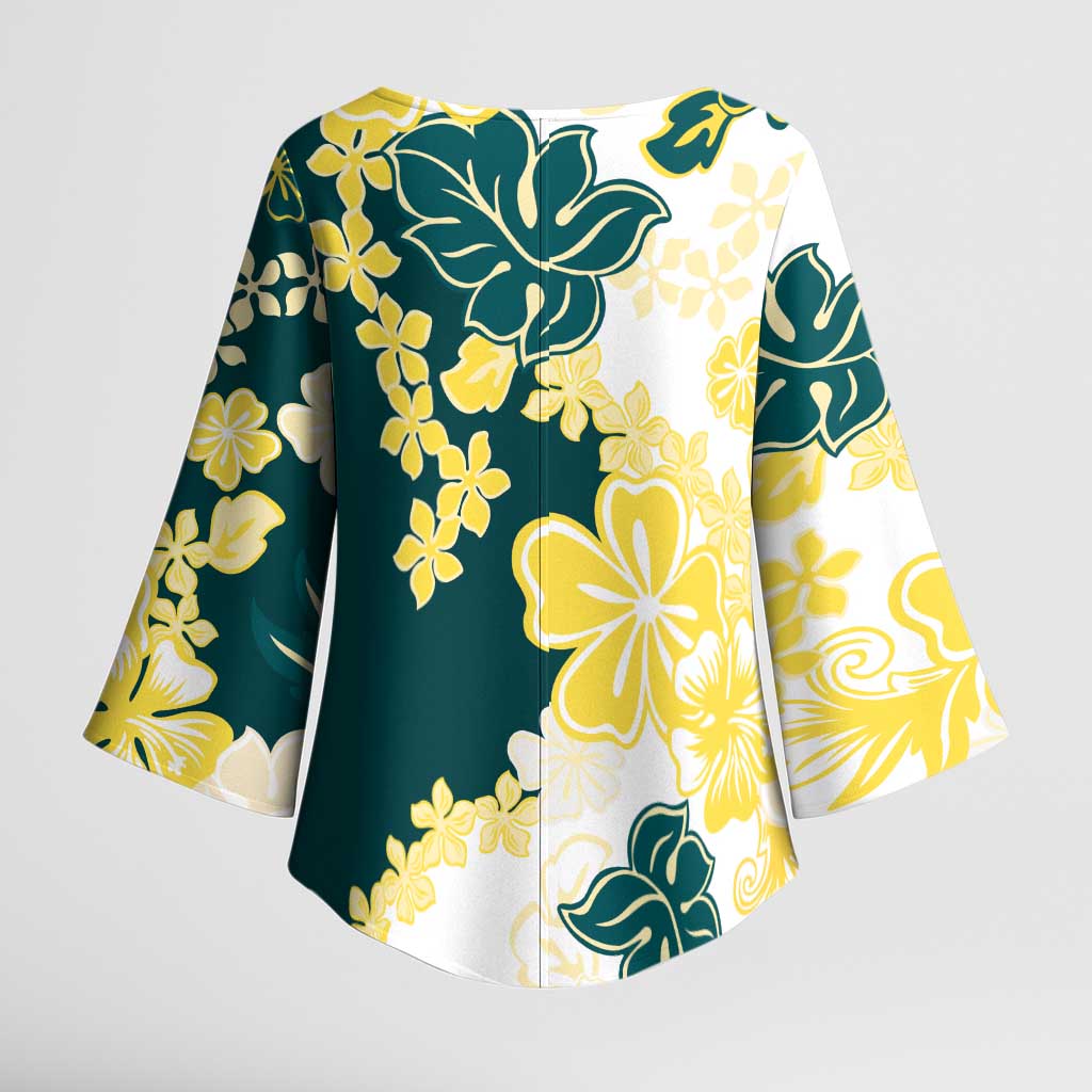 Yelow Teal Hibiscus Plumeria Floral Kimono Sleeve Blouse LT01 - Polynesian Pride