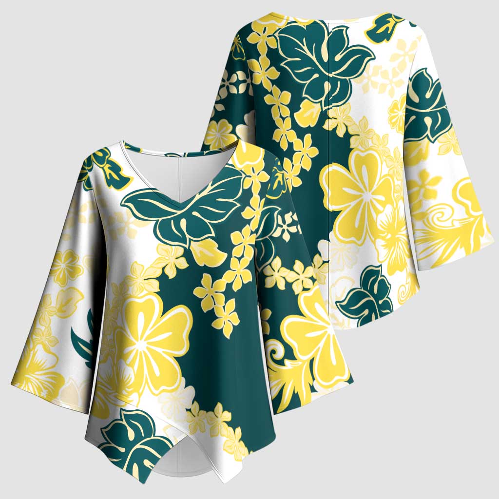 Yelow Teal Hibiscus Plumeria Floral Kimono Sleeve Blouse LT01 - Polynesian Pride
