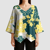 Yelow Teal Hibiscus Plumeria Floral Kimono Sleeve Blouse LT01 - Polynesian Pride