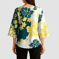 Yelow Teal Hibiscus Plumeria Floral Kimono Sleeve Blouse LT01 - Polynesian Pride