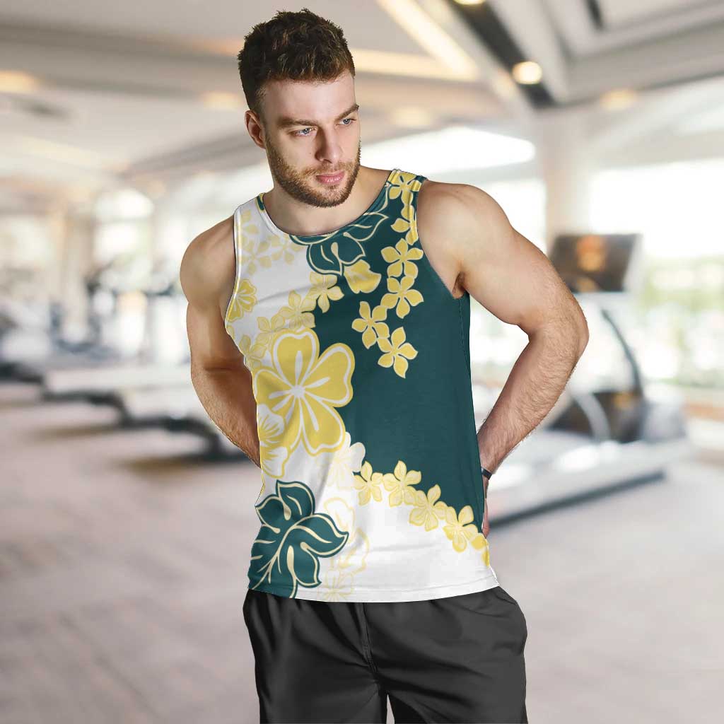 Yelow Teal Hibiscus Plumeria Floral Men Tank Top LT01 Yellow - Polynesian Pride