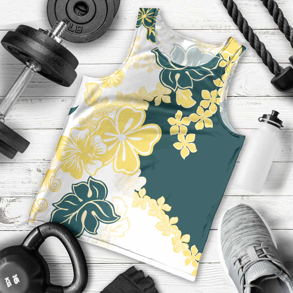 Yelow Teal Hibiscus Plumeria Floral Men Tank Top LT01 - Polynesian Pride