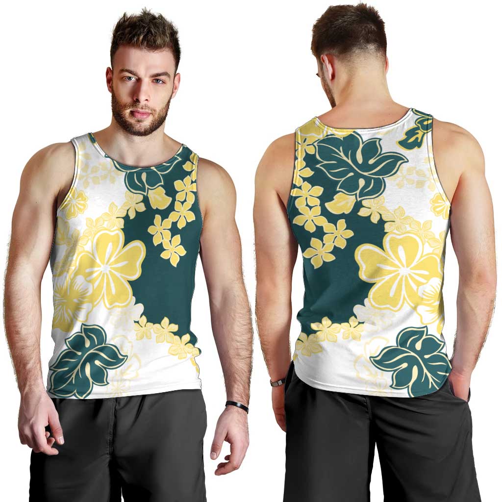 Yelow Teal Hibiscus Plumeria Floral Men Tank Top LT01 - Polynesian Pride