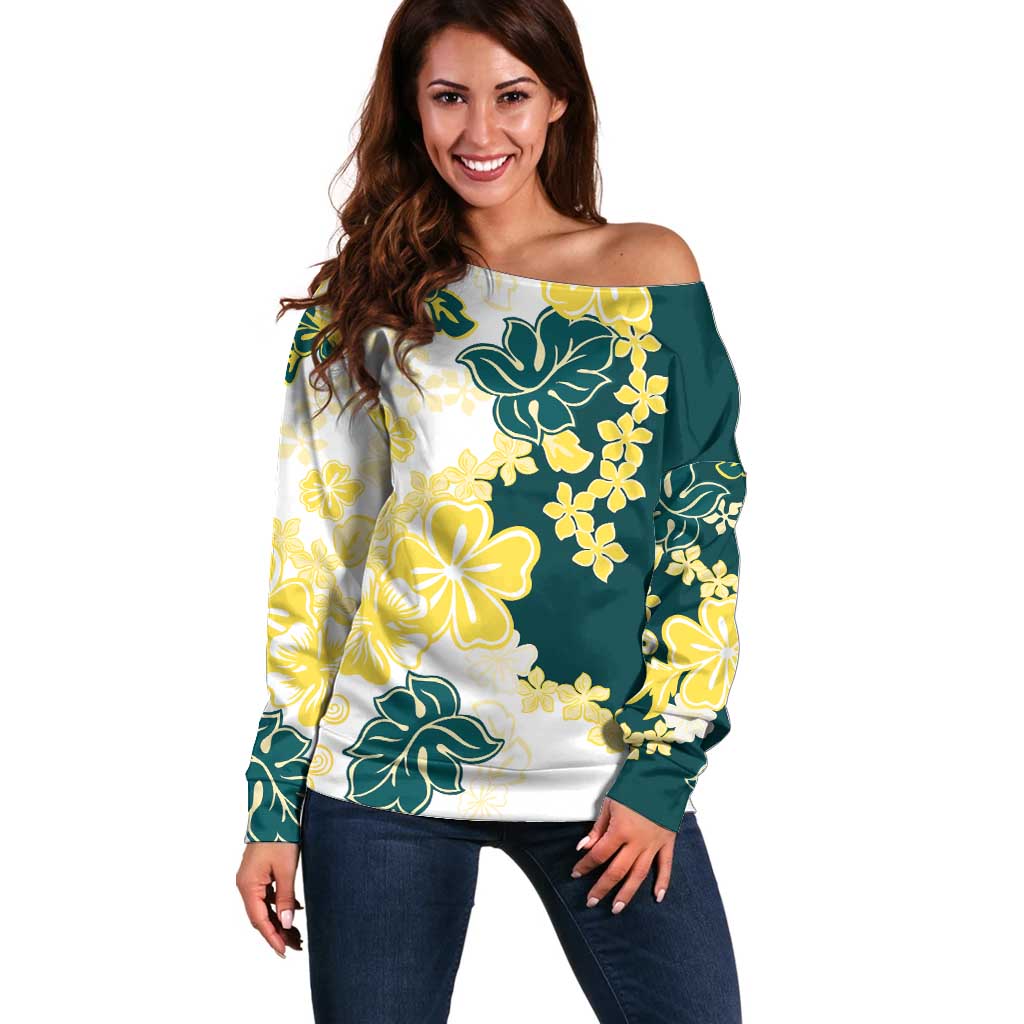 Yelow Teal Hibiscus Plumeria Floral Off Shoulder Sweater LT01 Women Yellow - Polynesian Pride