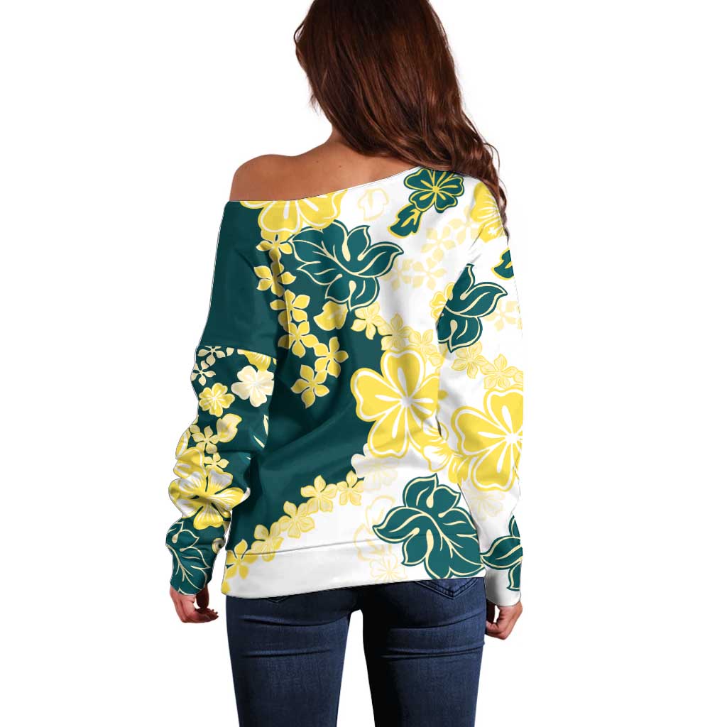 Yelow Teal Hibiscus Plumeria Floral Off Shoulder Sweater LT01 - Polynesian Pride