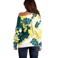 Yelow Teal Hibiscus Plumeria Floral Off Shoulder Sweater LT01 - Polynesian Pride