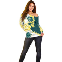 Yelow Teal Hibiscus Plumeria Floral Off Shoulder Sweater LT01 - Polynesian Pride
