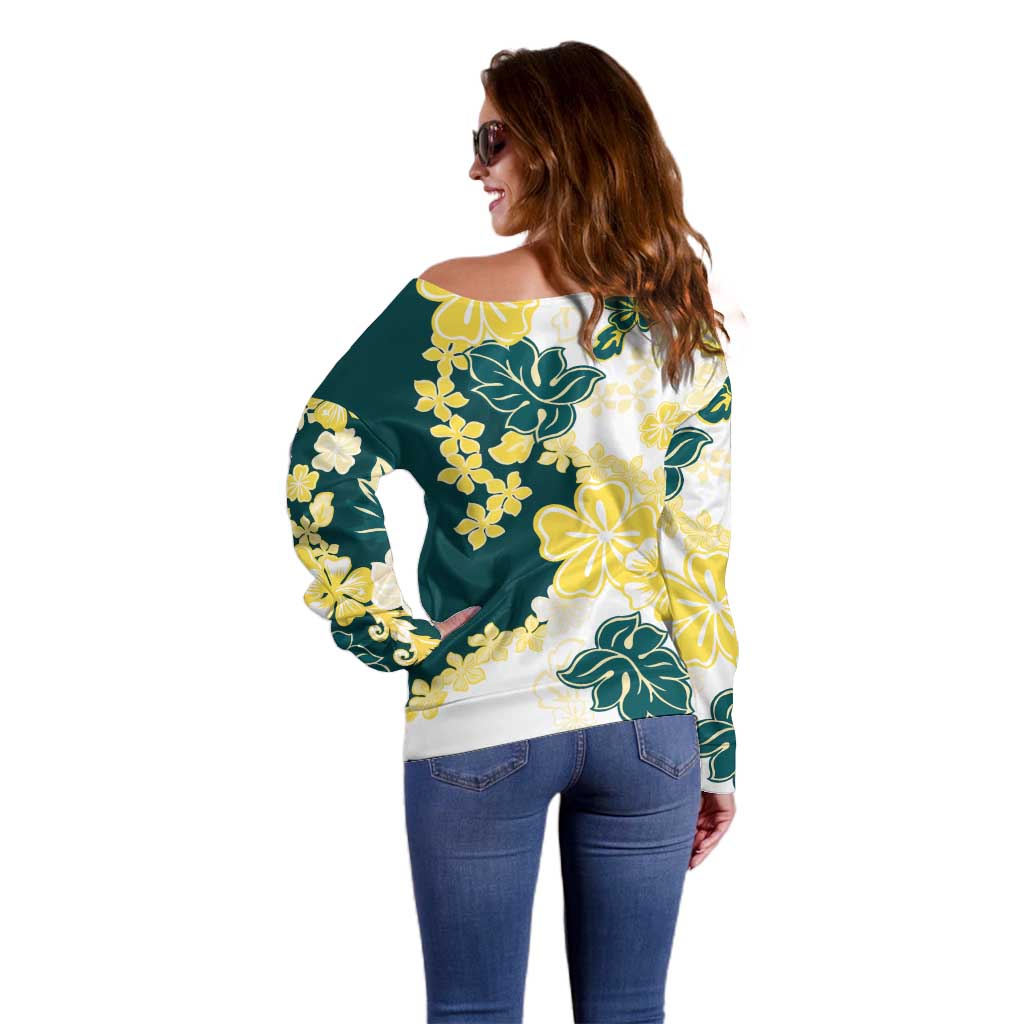 Yelow Teal Hibiscus Plumeria Floral Off Shoulder Sweater LT01 - Polynesian Pride
