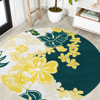 Yelow Teal Hibiscus Plumeria Floral Round Carpet LT01 Yellow - Polynesian Pride