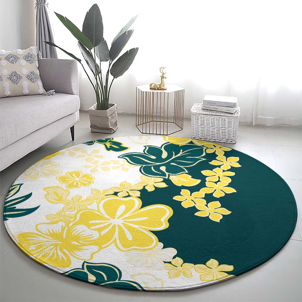 Yelow Teal Hibiscus Plumeria Floral Round Carpet LT01 - Polynesian Pride
