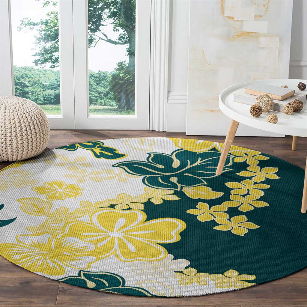 Yelow Teal Hibiscus Plumeria Floral Round Carpet LT01 - Polynesian Pride