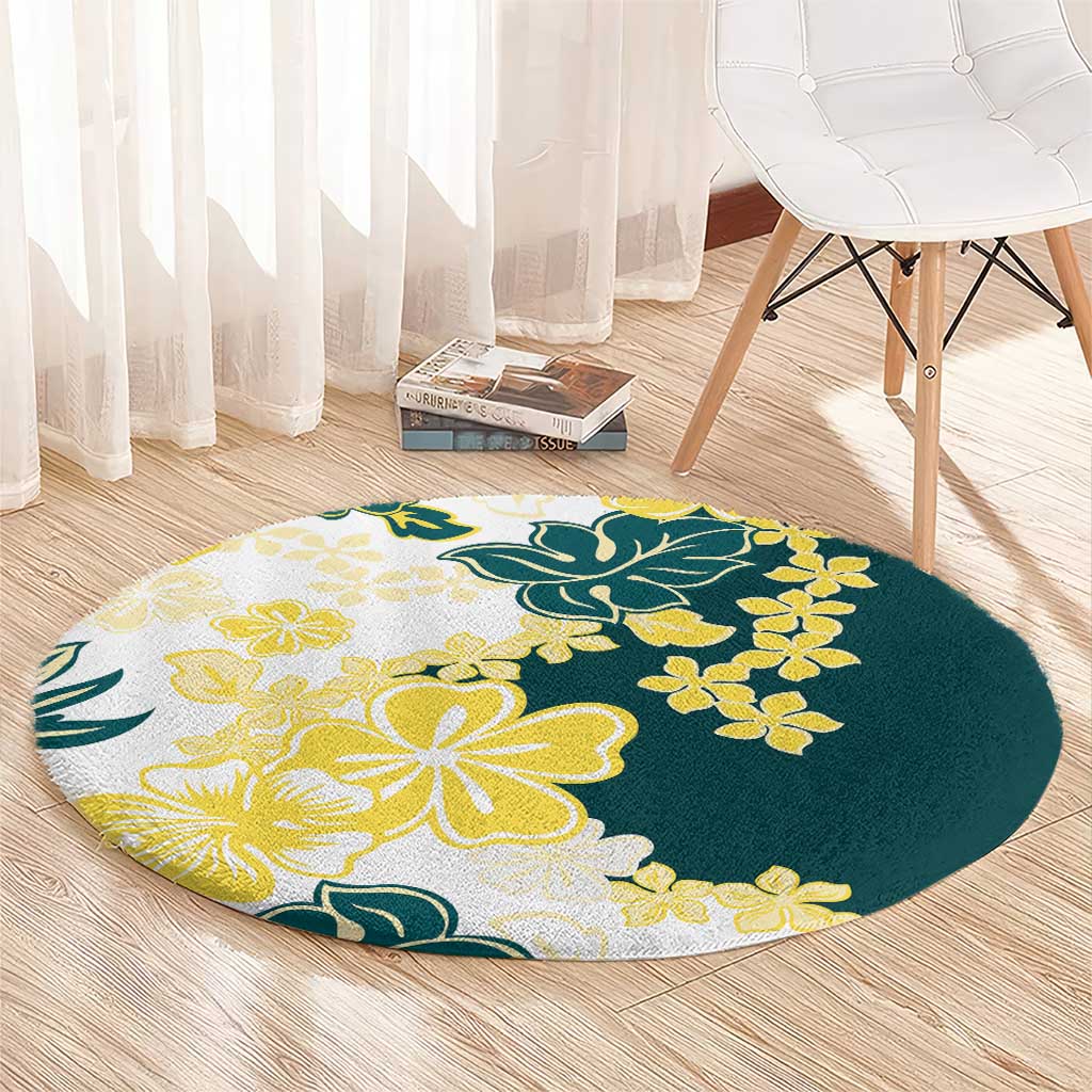 Yelow Teal Hibiscus Plumeria Floral Round Carpet LT01 - Polynesian Pride
