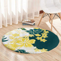 Yelow Teal Hibiscus Plumeria Floral Round Carpet LT01 - Polynesian Pride