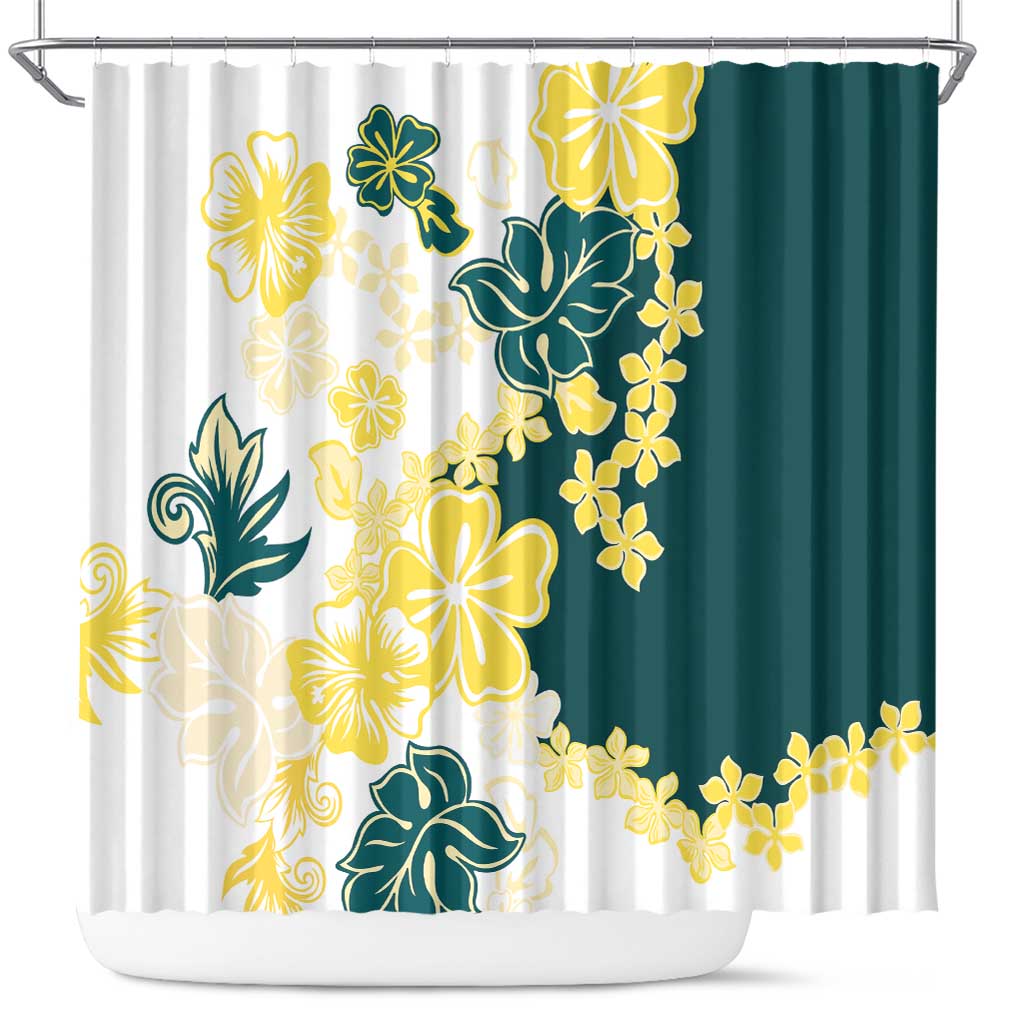 Yelow Teal Hibiscus Plumeria Floral Shower Curtain LT01 Yellow - Polynesian Pride