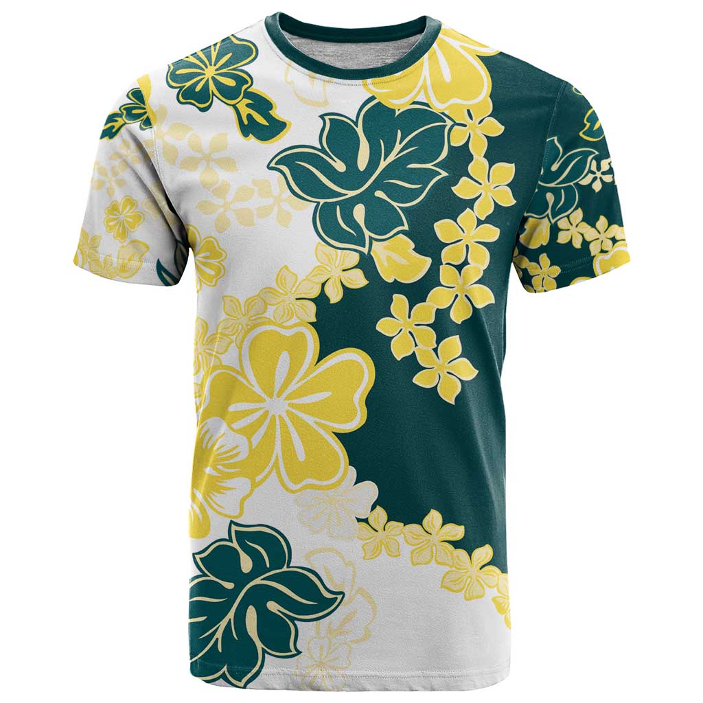 Yelow Teal Hibiscus Plumeria Floral T Shirt LT01 Yellow - Polynesian Pride