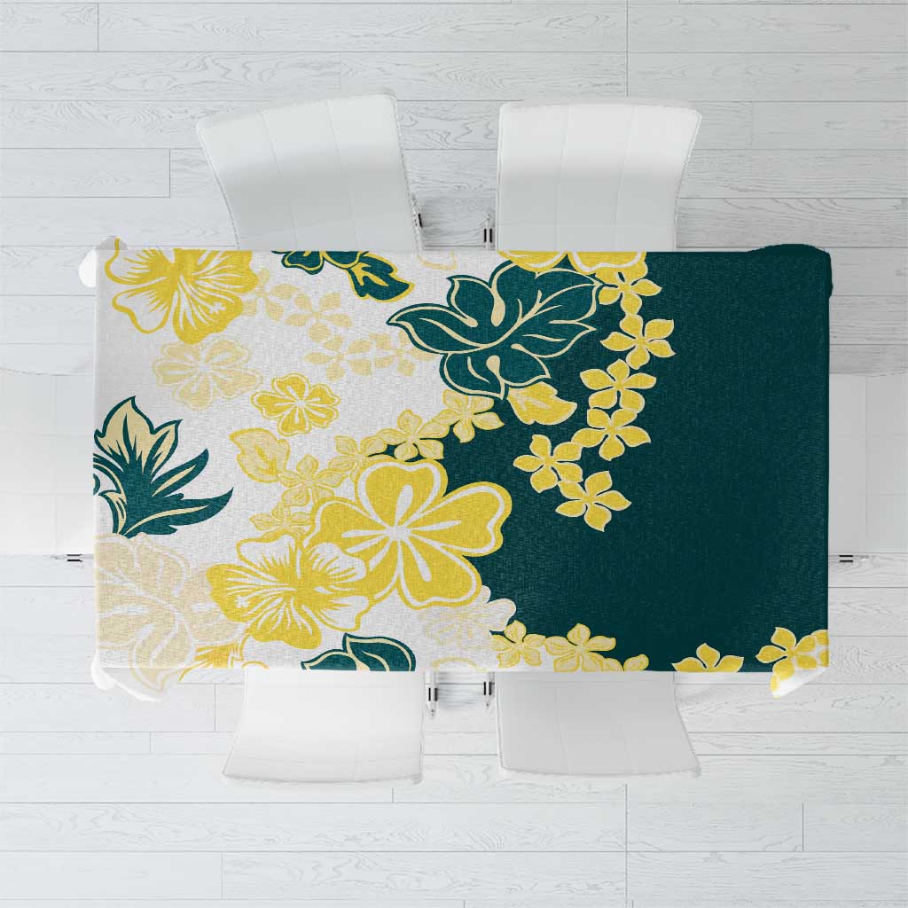 Yelow Teal Hibiscus Plumeria Floral Tablecloth LT01 Yellow - Polynesian Pride
