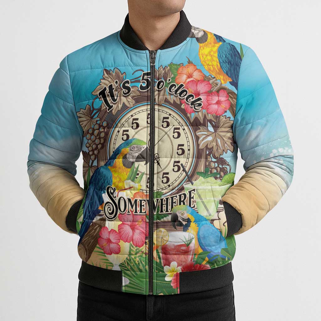 Personalized It's 5 o'clock Somewhere Bomber Puffer Jacket Hawaiian Tropical Parrots LT01 - Polynesian Pride
