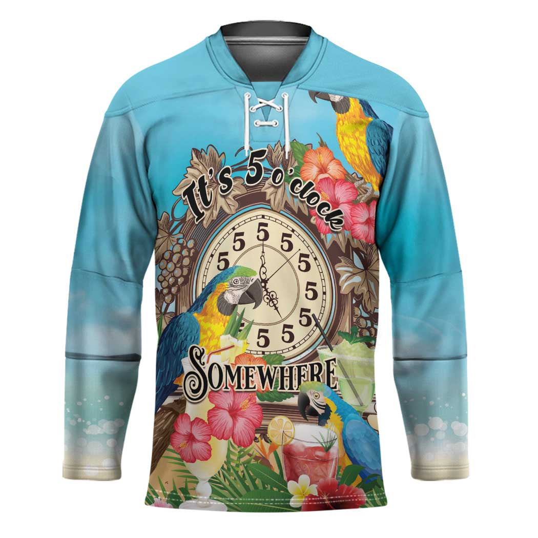 Personalized It's 5 o'clock Somewhere Hockey Jersey Hawaiian Tropical Parrots LT01 Unisex Blue - Polynesian Pride