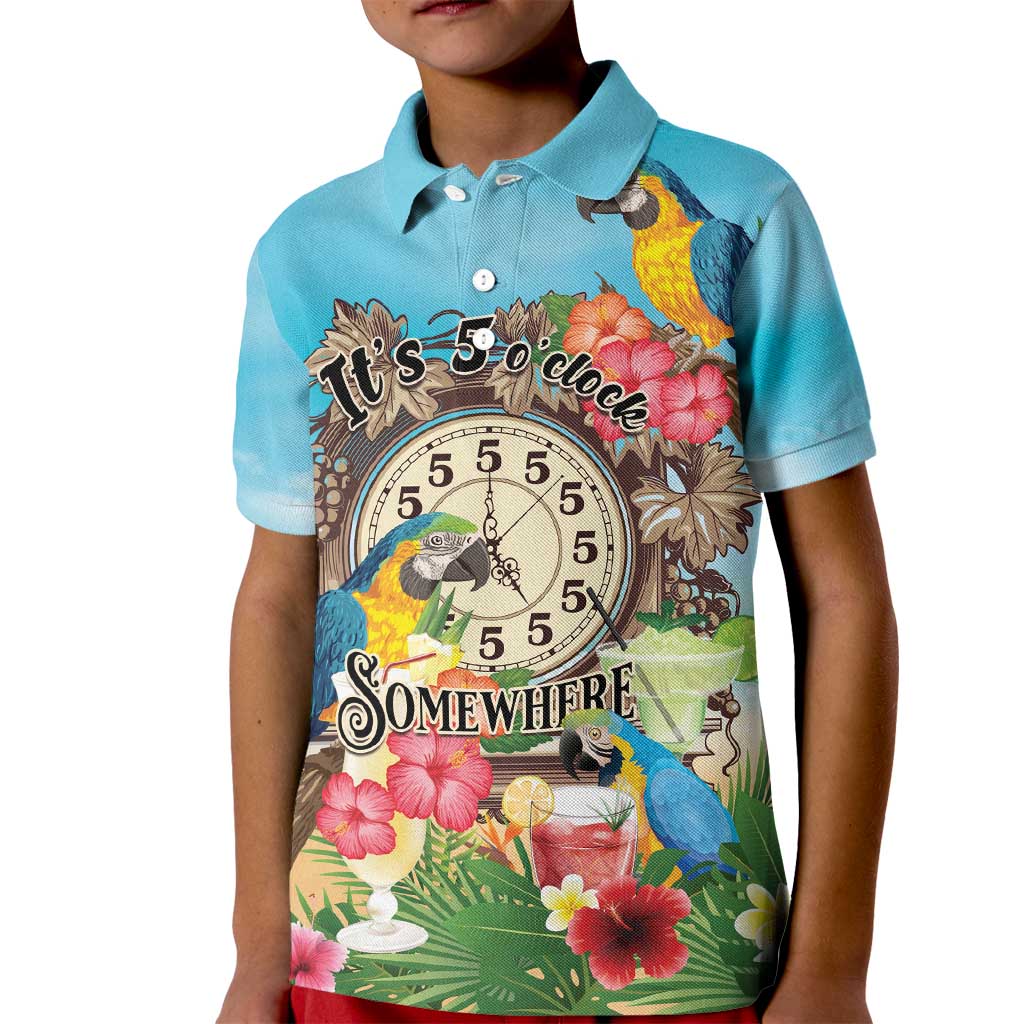 Personalized It's 5 o'clock Somewhere Kid Polo Shirt Hawaiian Tropical Parrots LT01 Kid Blue - Polynesian Pride