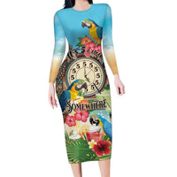 Personalized It's 5 o'clock Somewhere Long Sleeve Bodycon Dress Hawaiian Tropical Parrots LT01 Long Dress Blue - Polynesian Pride