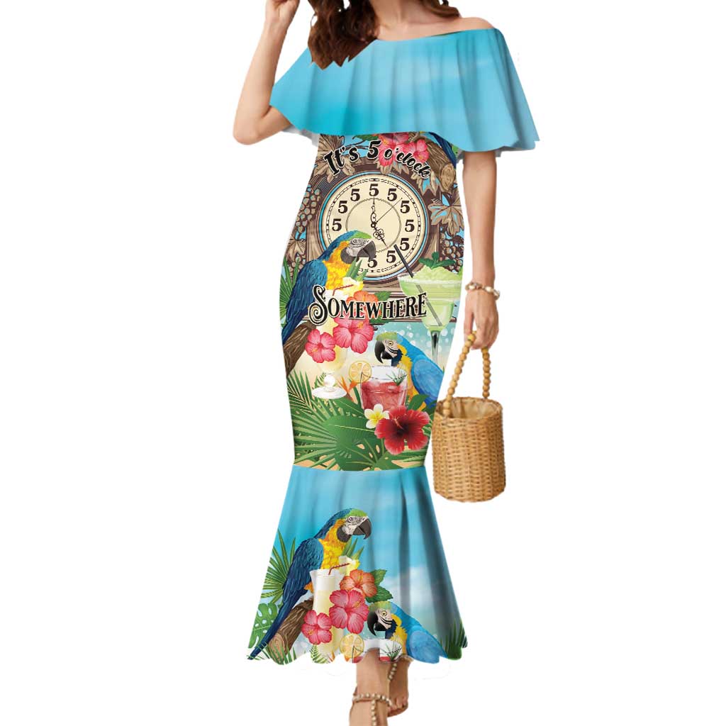Personalized It's 5 o'clock Somewhere Mermaid Dress Hawaiian Tropical Parrots LT01 Women Blue - Polynesian Pride