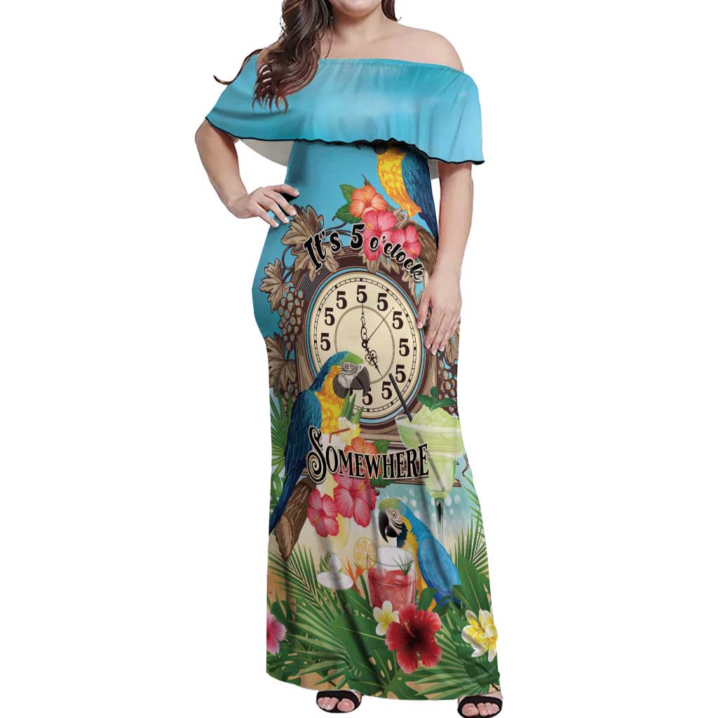 Personalized It's 5 o'clock Somewhere Off Shoulder Maxi Dress Hawaiian Tropical Parrots LT01 Women Blue - Polynesian Pride