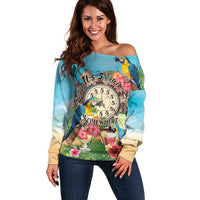 Personalized It's 5 o'clock Somewhere Off Shoulder Sweater Hawaiian Tropical Parrots LT01 Women Blue - Polynesian Pride