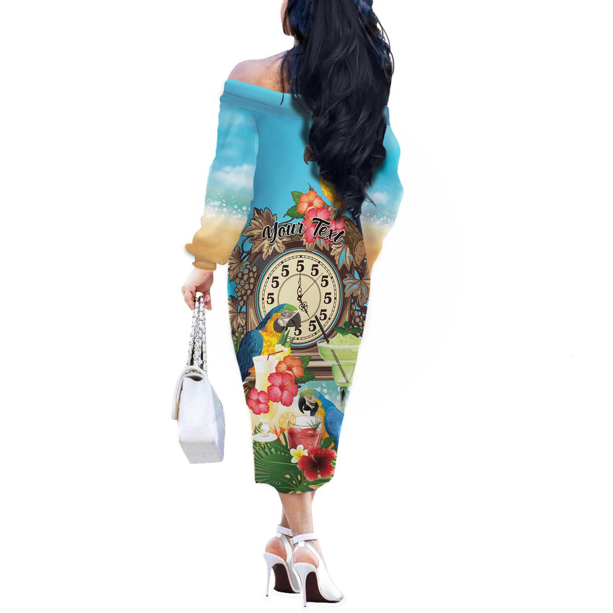 Personalized It's 5 o'clock Somewhere Off The Shoulder Long Sleeve Dress Hawaiian Tropical Parrots LT01 - Polynesian Pride