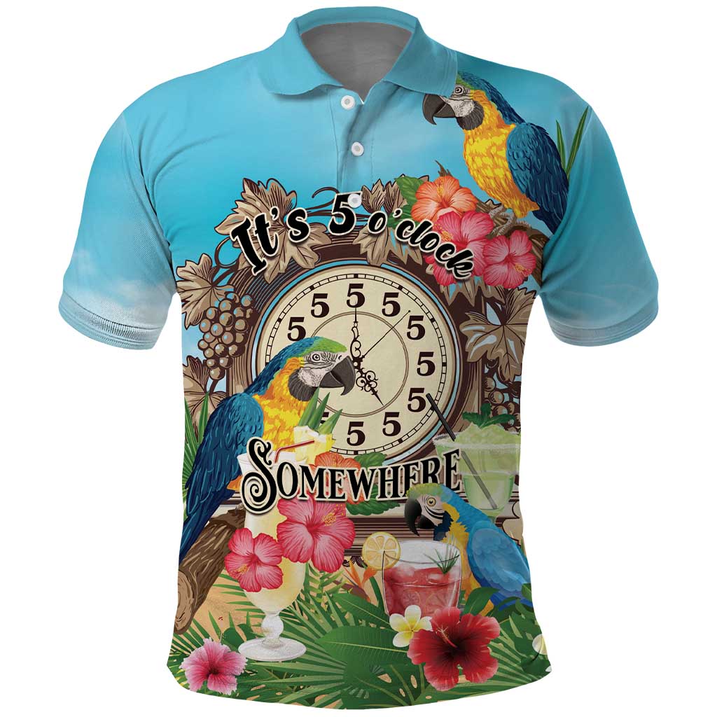 Personalized It's 5 o'clock Somewhere Polo Shirt Hawaiian Tropical Parrots LT01 Blue - Polynesian Pride
