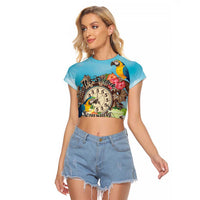 Personalized It's 5 o'clock Somewhere Raglan Cropped T Shirt Hawaiian Tropical Parrots LT01 Female Blue - Polynesian Pride