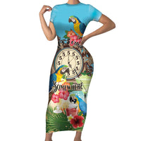 Personalized It's 5 o'clock Somewhere Short Sleeve Bodycon Dress Hawaiian Tropical Parrots LT01 Long Dress Blue - Polynesian Pride