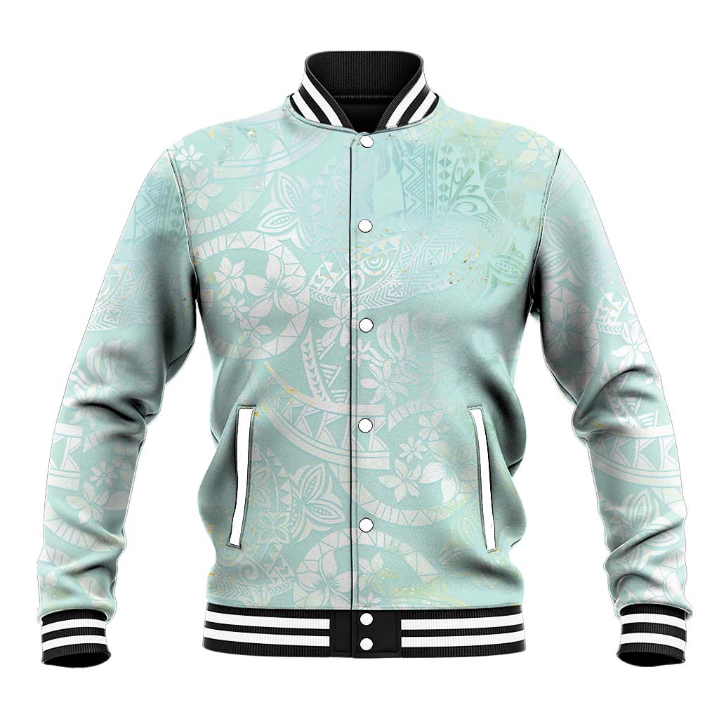 Polynesian Tiare Monstera Seafoam Green Baseball Jacket Liquid Style LT01 Unisex Green - Polynesian Pride