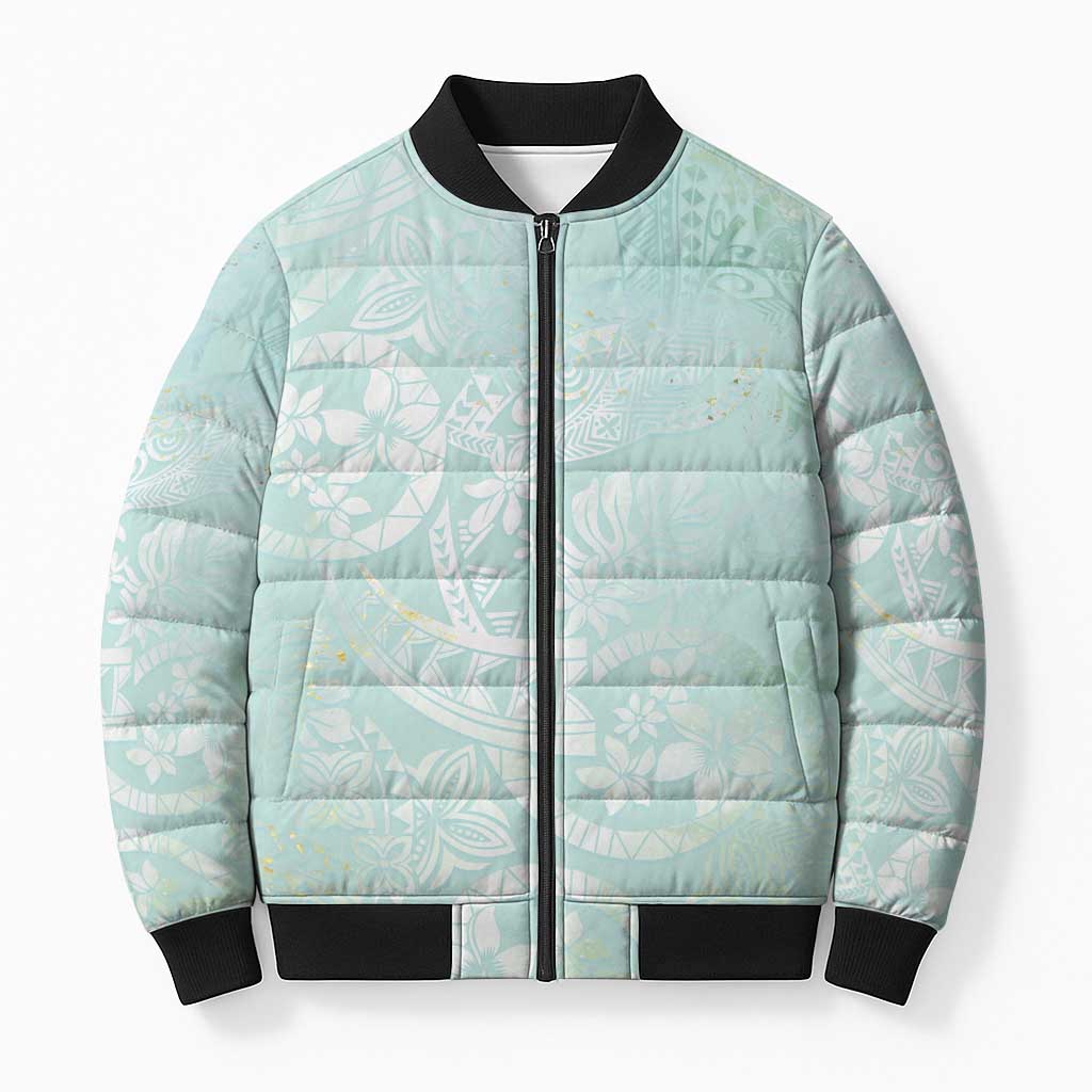 Polynesian Tiare Monstera Seafoam Green Bomber Puffer Jacket Liquid Style LT01 Unisex Green - Polynesian Pride