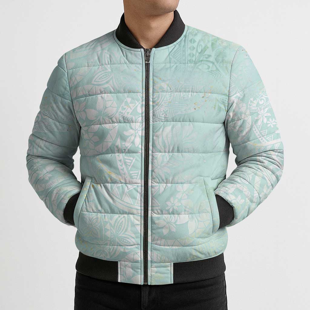 Polynesian Tiare Monstera Seafoam Green Bomber Puffer Jacket Liquid Style LT01 - Polynesian Pride
