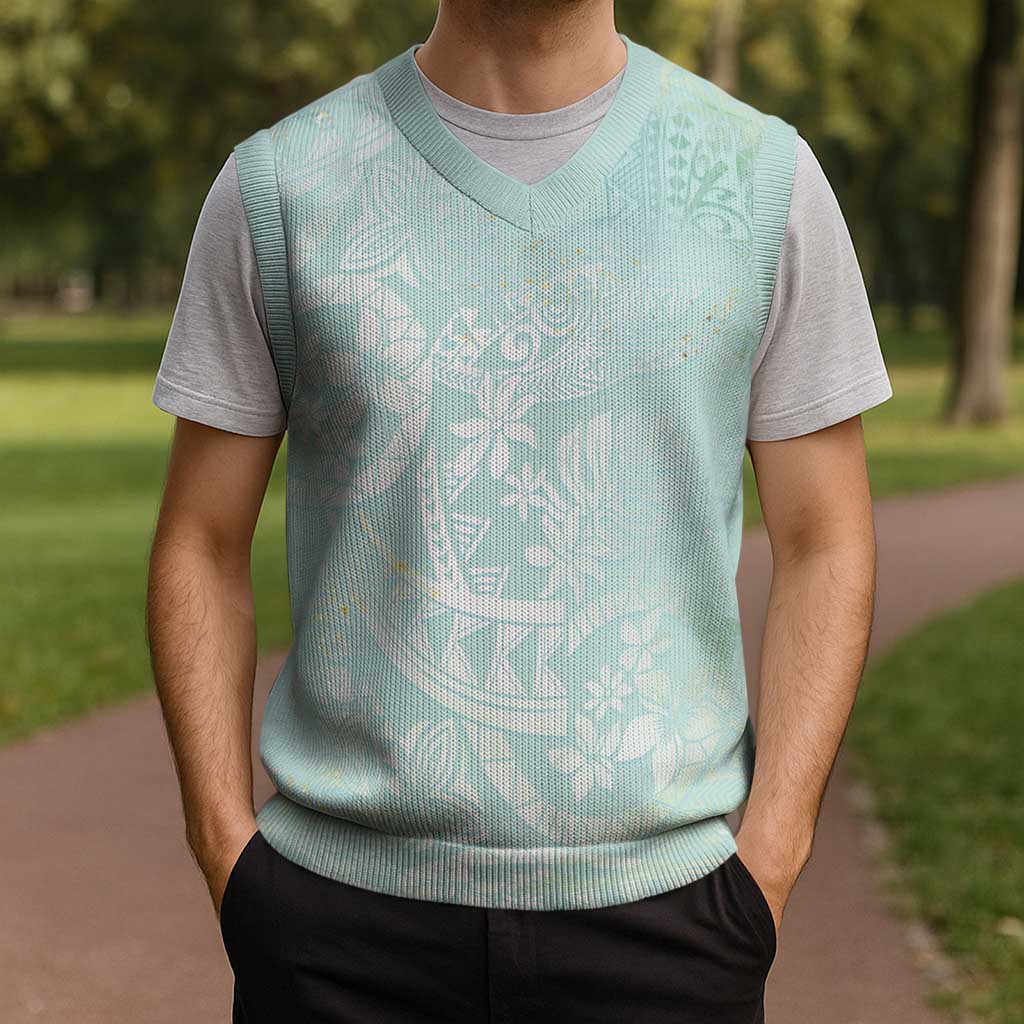 Polynesian Tiare Monstera Seafoam Green Christmas Knitted V-Neck Vest Liquid Style LT01 - Polynesian Pride