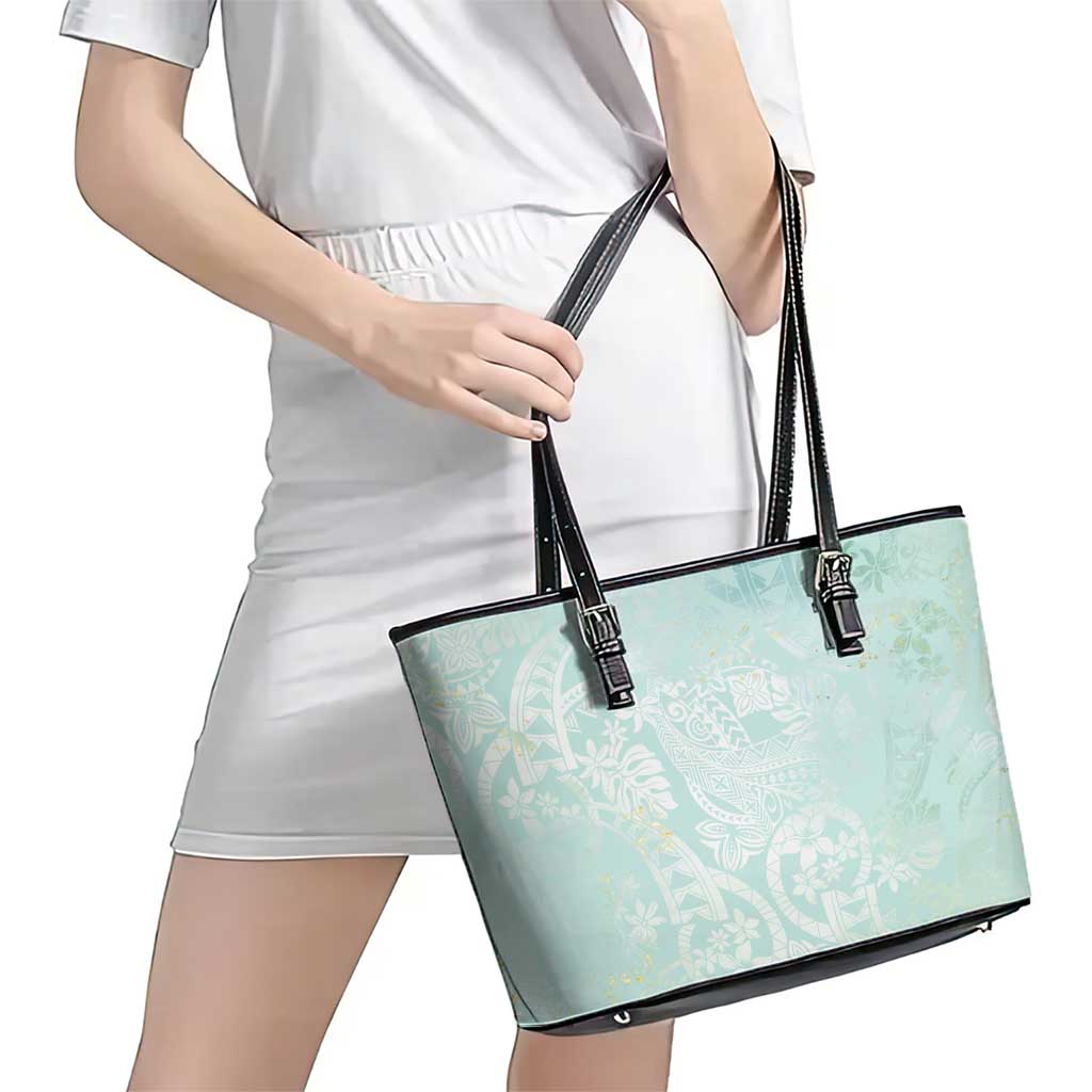 Polynesian Tiare Monstera Seafoam Green Leather Tote Bag Liquid Style LT01 - Polynesian Pride