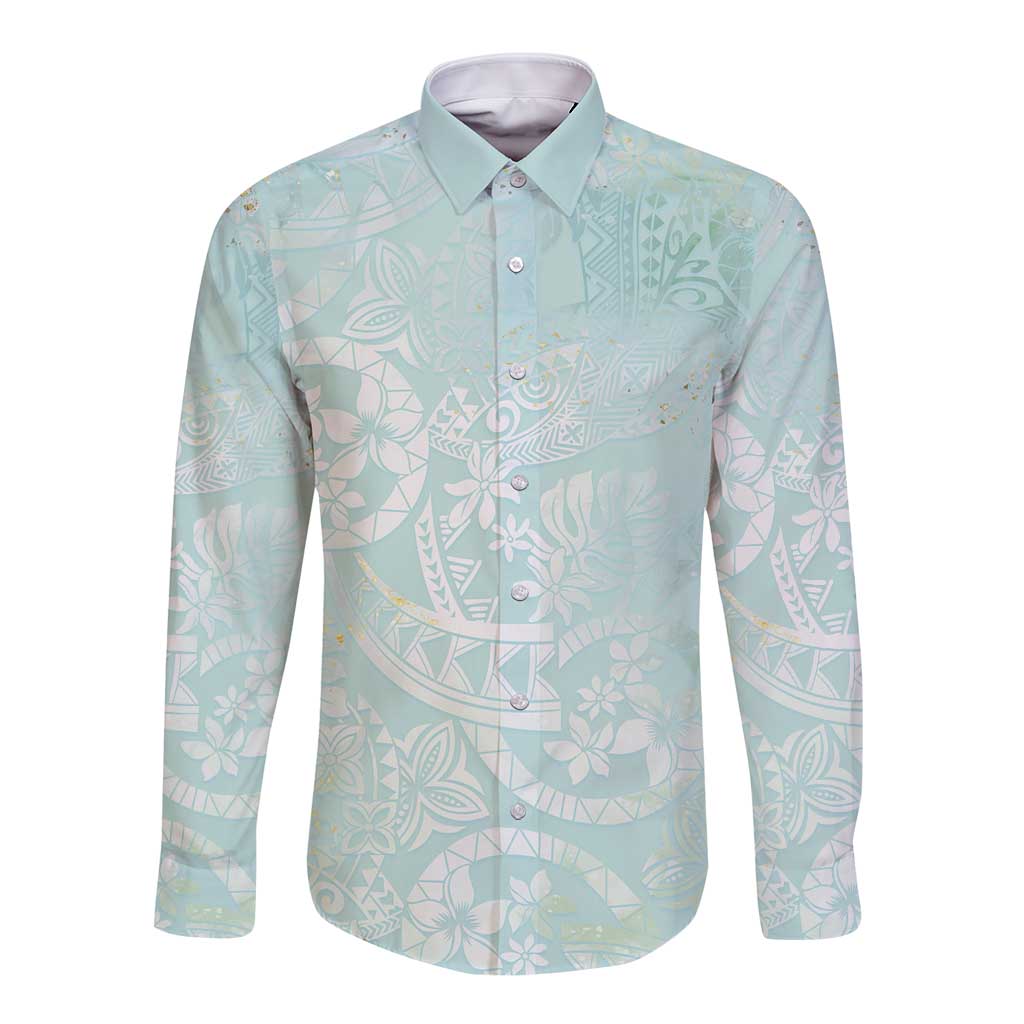 Polynesian Tiare Monstera Seafoam Green Long Sleeve Button Shirt Liquid Style LT01 Unisex Green - Polynesian Pride