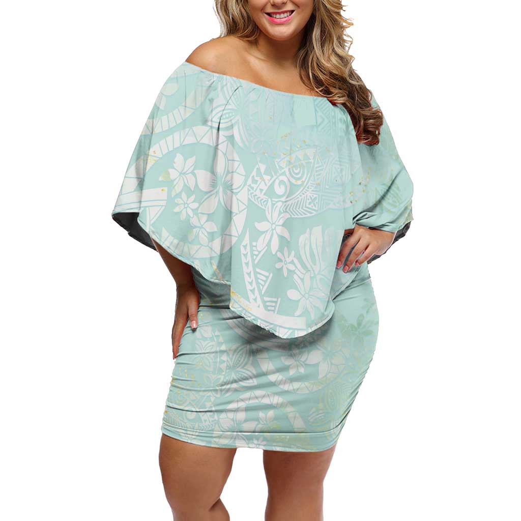 Polynesian Tiare Monstera Seafoam Green Off Shoulder Short Dress Liquid Style LT01 Women Green - Polynesian Pride