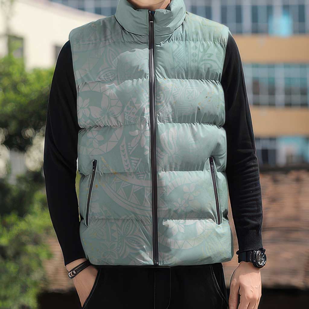 Polynesian Tiare Monstera Seafoam Green Sleeveless Puffer Jacket Liquid Style LT01 - Polynesian Pride