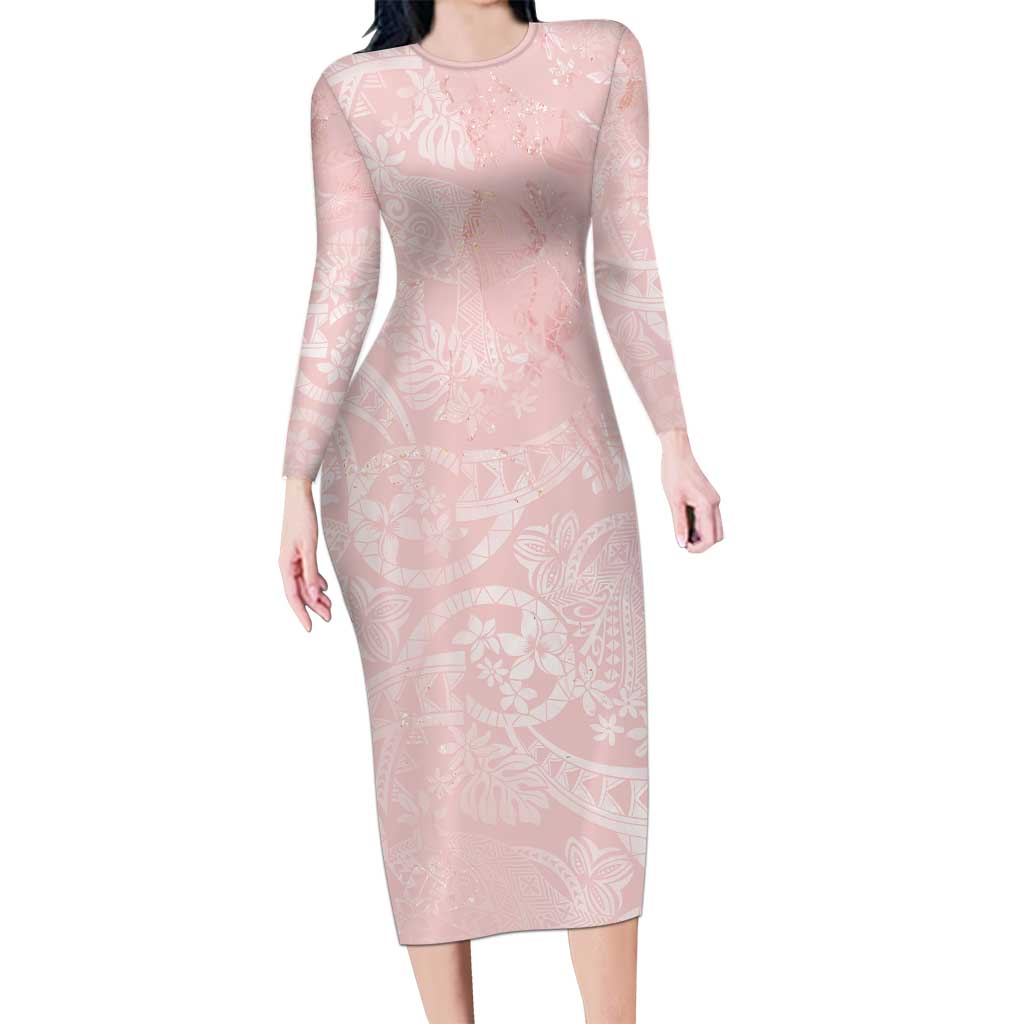 Polynesian Tiare Monstera Soft Pink Long Sleeve Bodycon Dress Liquid Style LT01 Long Dress Pink - Polynesian Pride