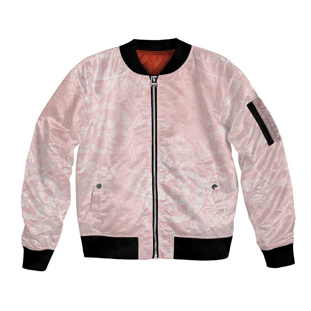 Polynesian Tiare Monstera Soft Pink Sleeve Zip Bomber Jacket Liquid Style LT01 Unisex Pink - Polynesian Pride