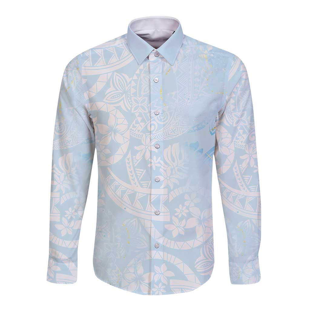 Polynesian Tiare Monstera Baby Blue Long Sleeve Button Shirt Liquid Style LT01 Unisex Blue - Polynesian Pride