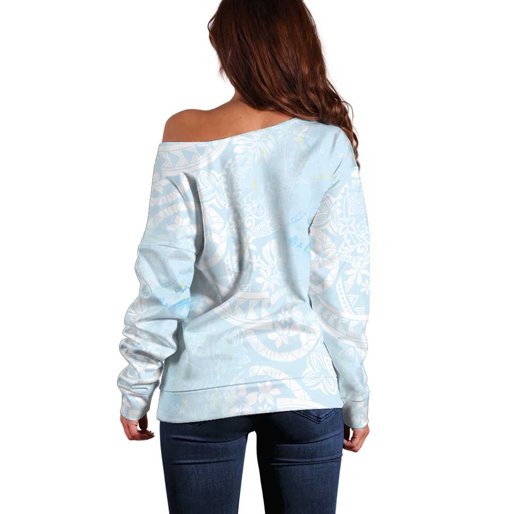 Polynesian Tiare Monstera Baby Blue Off Shoulder Sweater Liquid Style LT01 - Polynesian Pride