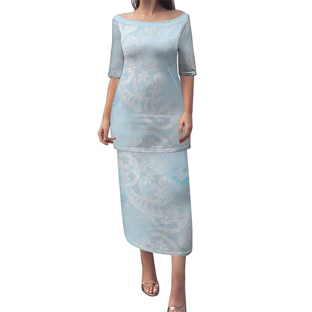 Polynesian Tiare Monstera Baby Blue Puletasi Liquid Style LT01 Long Dress Blue - Polynesian Pride