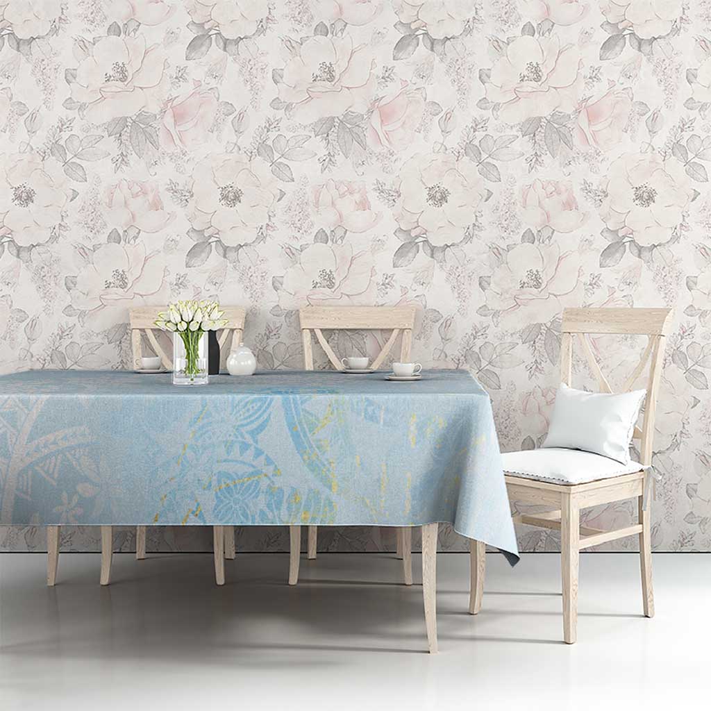 Polynesian Tiare Monstera Baby Blue Tablecloth Liquid Style LT01 - Polynesian Pride