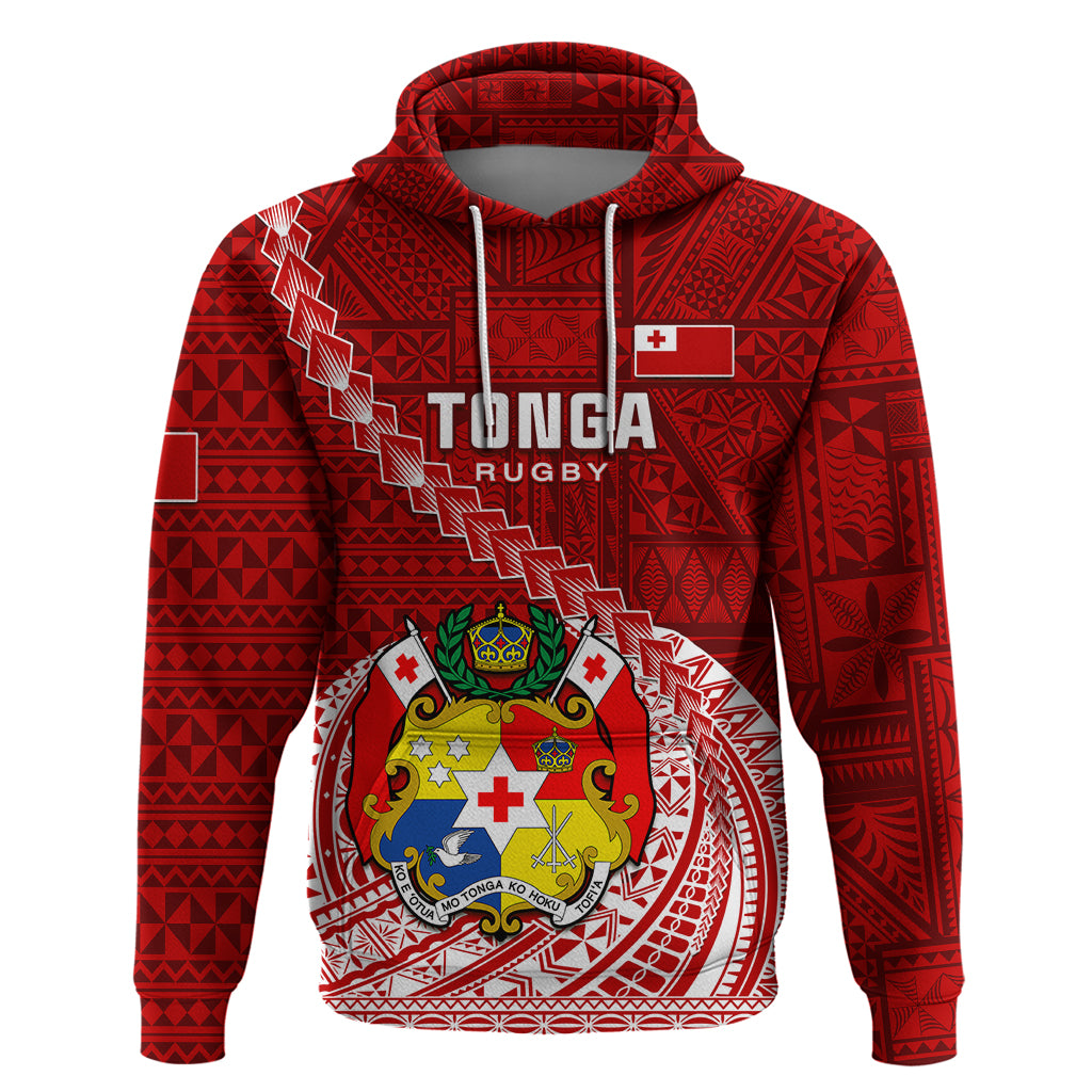 Tonga Rugby Hoodie Tongan Ngatu Pattern White Version LT01 Red - Polynesian Pride