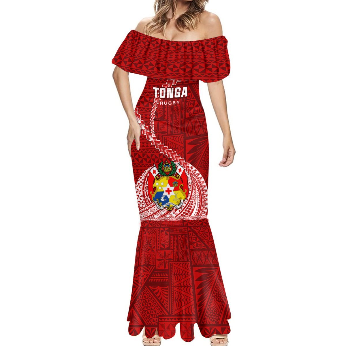 Tonga Rugby Mermaid Dress Tongan Ngatu Pattern White Version LT01 - Polynesian Pride