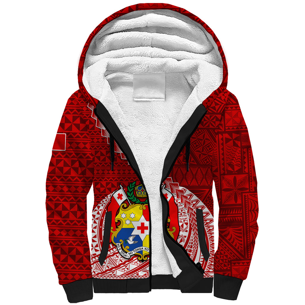 Tonga Rugby Sherpa Hoodie Tongan Ngatu Pattern White Version LT01 Unisex Red - Polynesian Pride