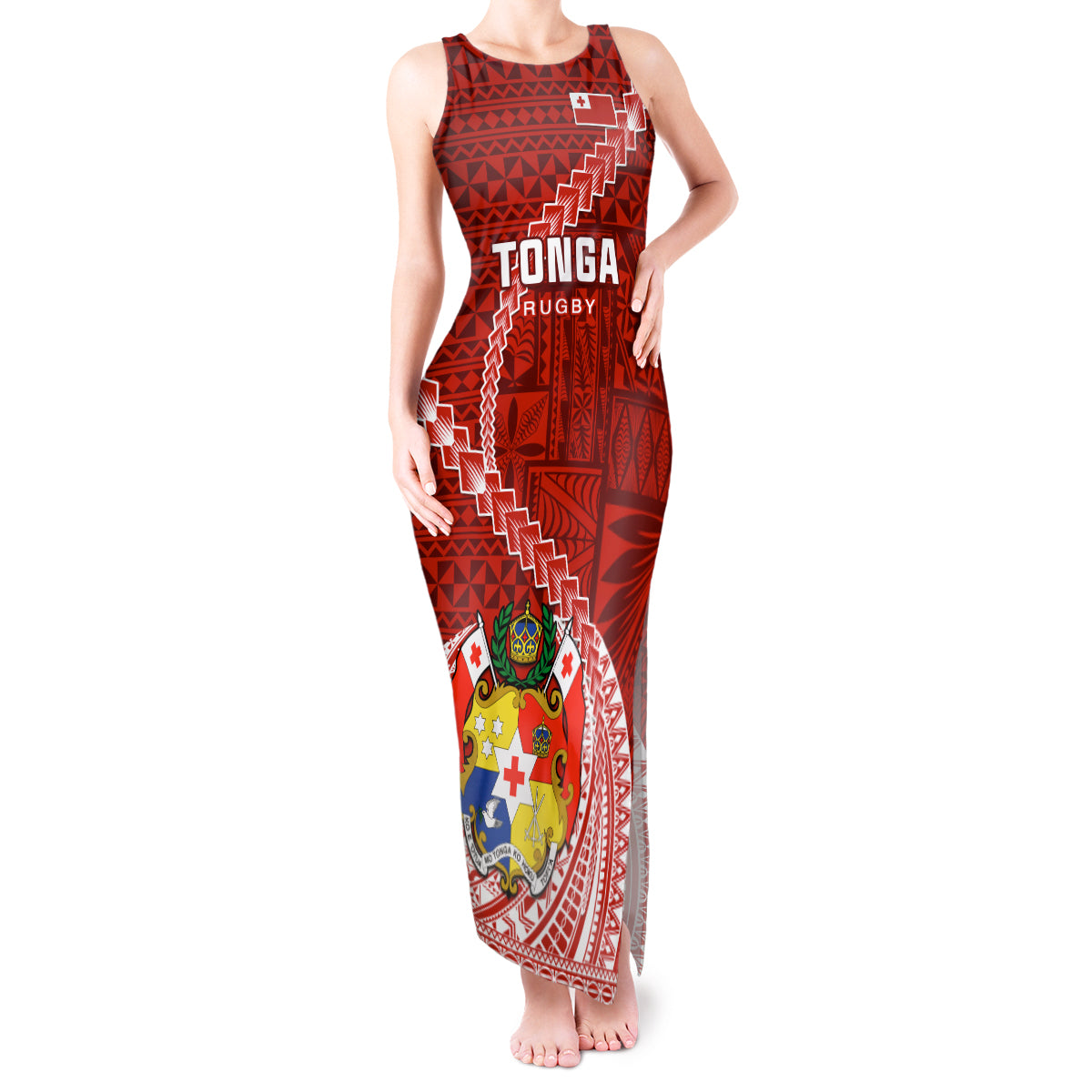 Tonga Rugby Tank Maxi Dress Tongan Ngatu Pattern White Version LT01 Women Red - Polynesian Pride