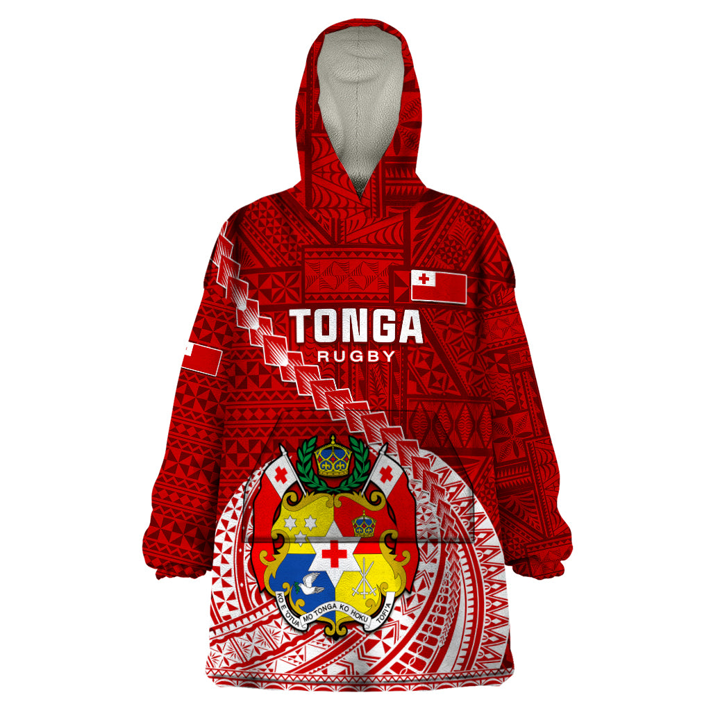 Tonga Rugby Wearable Blanket Hoodie Tongan Ngatu Pattern White Version LT01 One Size Red - Polynesian Pride